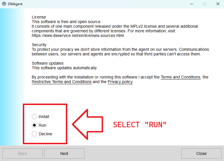 Licence screen with Install, Run and Decline options; Run is selected