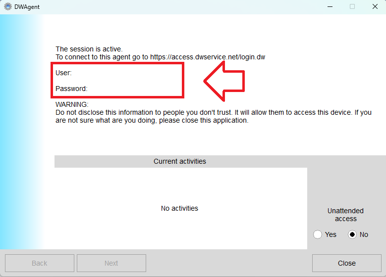 Session-active screen showing the User and Password fields